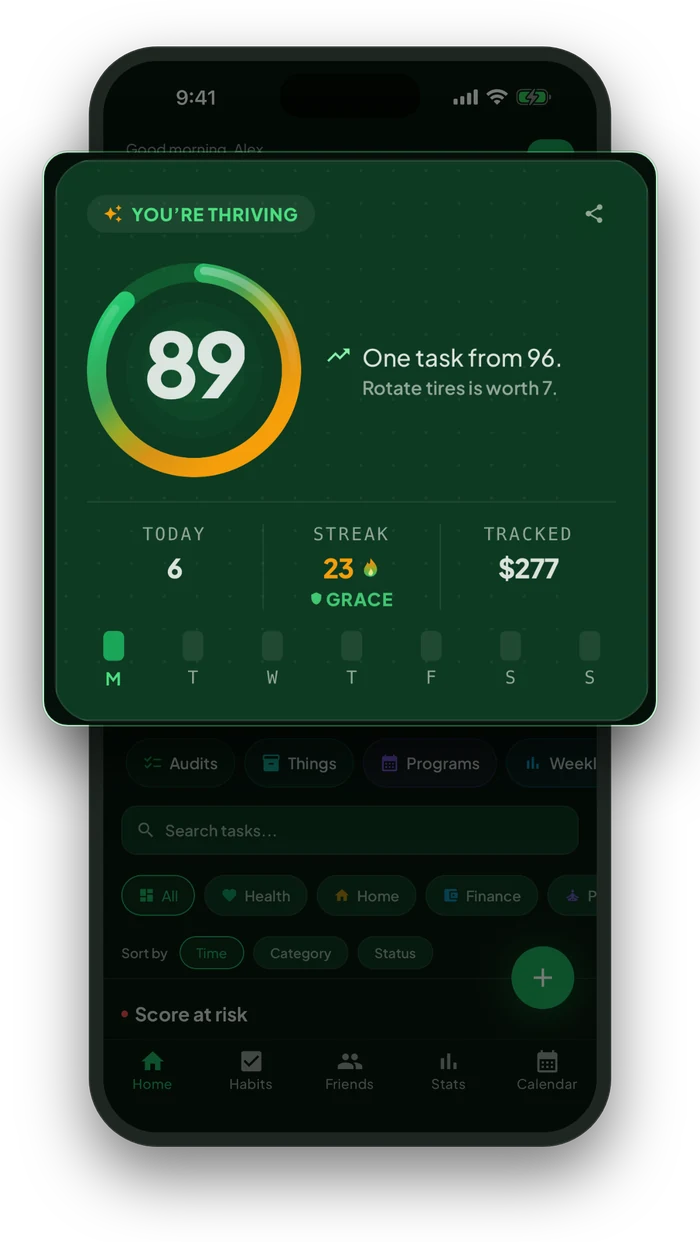 LifeCheck Home: a Life Score of 89, a 23-day streak and today's tasks